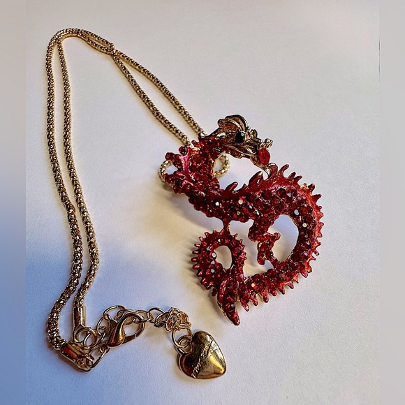 Betsey Johnson Gold Red Rhinestone Crystal Dragon Necklace Rhinestones Crystals